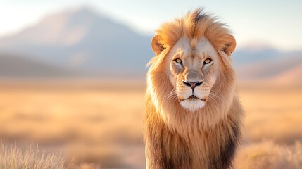 Majestic male lion stares intensely in a golden savanna at sunrise.