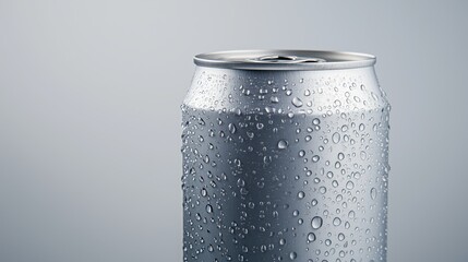 Chilled aluminum soda can with water droplets on a gray background
