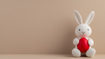 Obraz premium Cute plush bunny holding red heart against minimalist beige background
