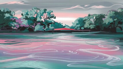 Fototapeta premium Serene Lakeside Scene with Pastel Hues and Tranquil Trees