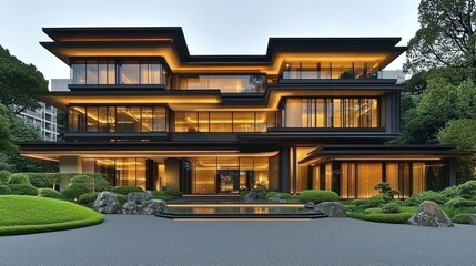 Fototapeta premium Modern architectural design with illuminated features.