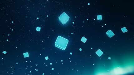 A constellation of small, cyan neon squares, floating gently under a starless night sky, with a faint aurora borealis effect in the background.