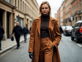 Obraz premium Stylish woman in mocha brown coat and pants strolling down a city street.