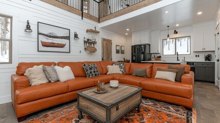 Cozy modern living room with orange sectional sofa.