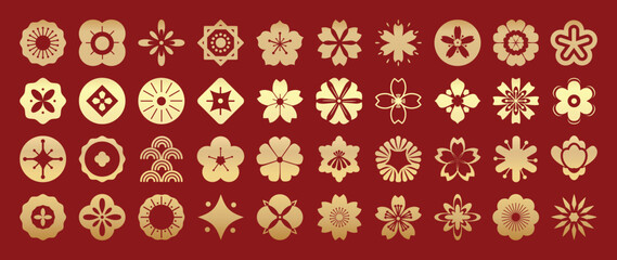 Happy Chinese and Japanese New Year 2025 Icons vector set. Cherry blossom flower, sea wave, firework, coin, flower, ornament. Oriental Icons of Asian Lunar New Year holiday decoration vector. © TWINS DESIGN STUDIO