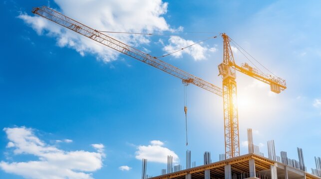 Tower crane at construction site against blue sky and sunlit clouds