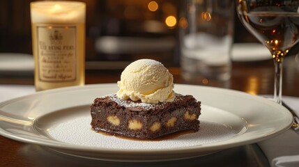 A decadent brownie topped with vanilla ice cream.