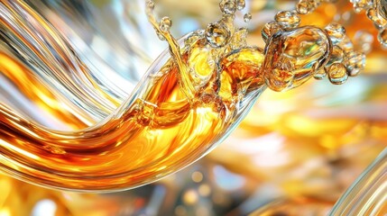 Golden liquid flowing, splashing, bokeh background, advertisement