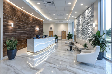 Modern, bright medical office reception area with white curved desk, wood paneling, and comfortable seating.