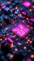 Fototapeta premium Close-Up 3D Render: Vibrantly Lit Circuit Board Glowing with Futuristic Detail. AI Generated