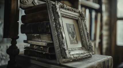 Vintage library ambiance with ornate frame and antique books for interior design inspiration, sentimental items