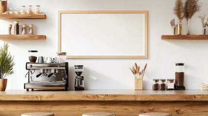 A bright coffee shop design with a blank white frame, a stylish coffee machine on a light wooden counter, and rustic wooden shelves.