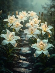 Fototapeta premium Enchanted Forest: Glowing White Lilies Path, Digital Painting, Mystical Art. AI Generated
