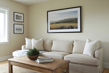 Fototapeta premium Serene and Cozy Living Room with Natural Textures and Framed Landscape Art