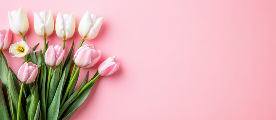 Obraz premium Pink and white tulips on a pastel pink background. Valentine's Day concept