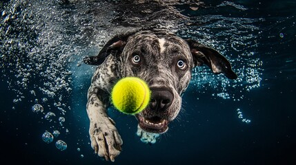 Great Dane swimming underwater, eyes wide, chasing a yellow tennis ball, dynamic bubbles around.