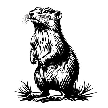 Upright black gopher drawing on grass with white background.