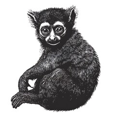 Fototapeta premium Black lemur drawing with fine detail, white background.