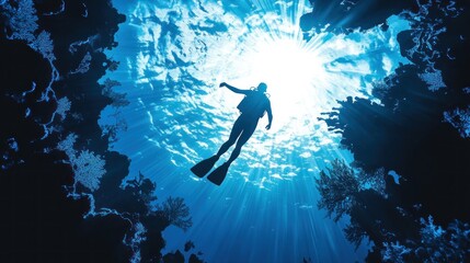 Underwater Serenity: A Diver's Ascent Towards Sunlight