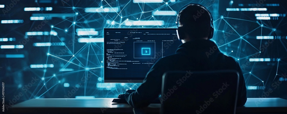 Poster a glowing network diagram overlaid on a computer screen with a shadowy figure in the background, emp