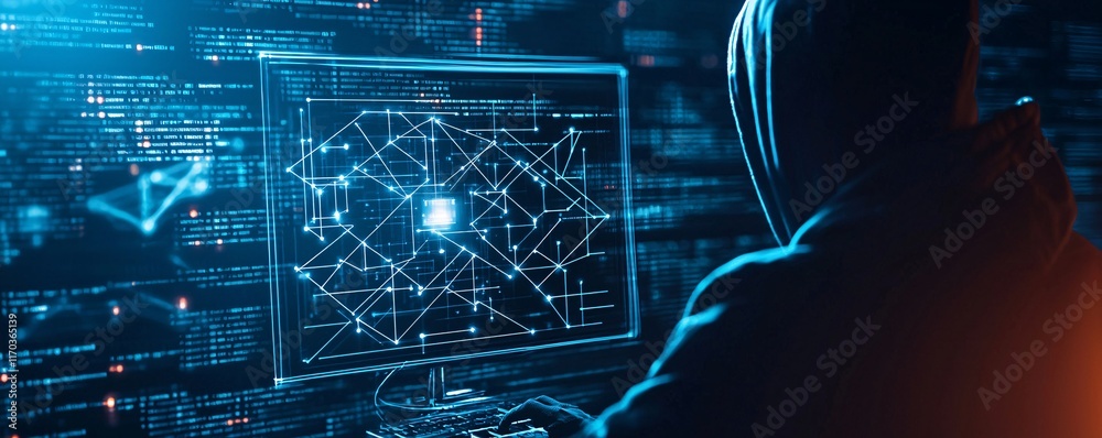 Poster a glowing network diagram overlaid on a computer screen with a shadowy figure in the background, emp