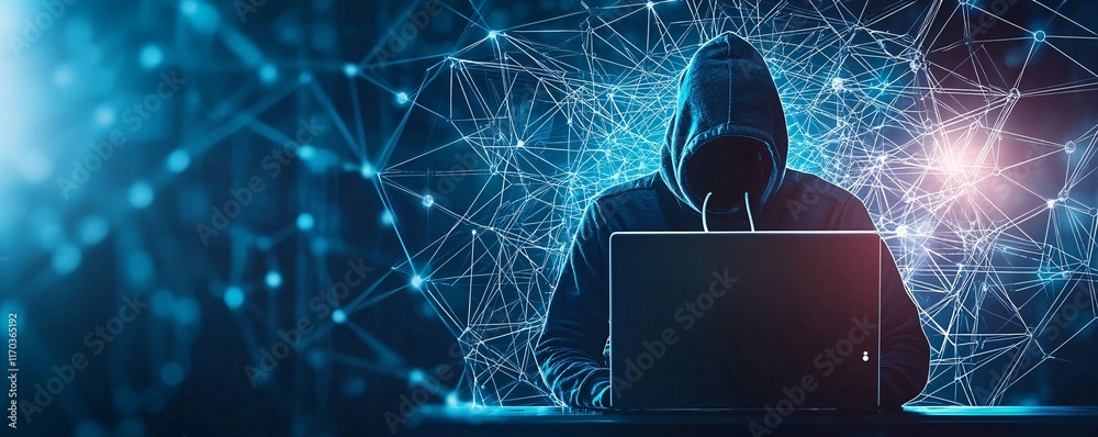 Poster a glowing network diagram overlaid on a computer screen with a shadowy figure in the background, emp