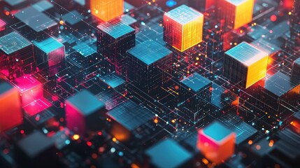 Futuristic Digital Cityscape with Glowing Cubes and Interconnected Lines