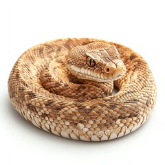 Obraz premium A coiled snake with a textured, patterned body, resting calmly on a light background, showcasing its distinctive scales and facial features.