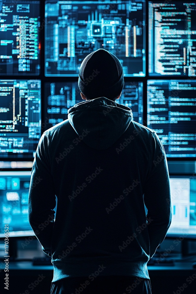 Aufkleber A shadowy figure in front of multiple screens displaying a complex network, representing a hacker accessing secure systems. The scene includes substantial copy space for text or visuals.