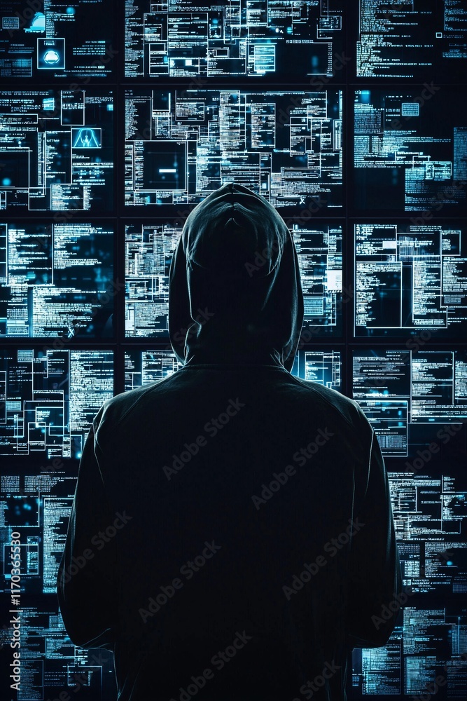 Poster a shadowy figure in front of multiple screens displaying a complex network, representing a hacker ac