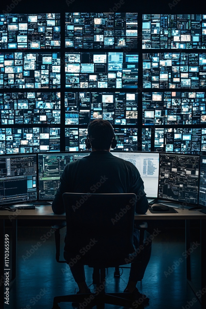 Poster a shadowy figure in front of multiple screens displaying a complex network, representing a hacker ac