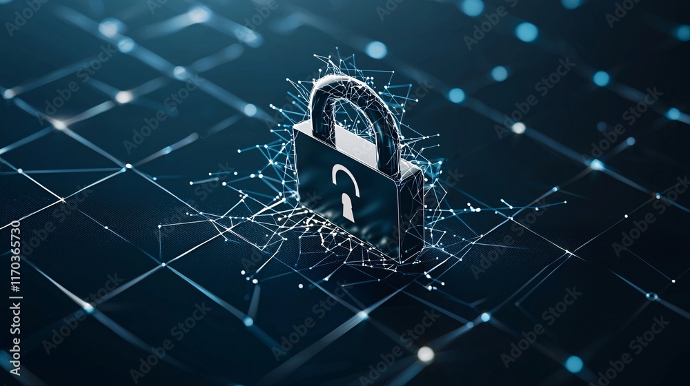 Poster a stylized image of a network grid with a padlock icon being broken, symbolizing a security breach, 