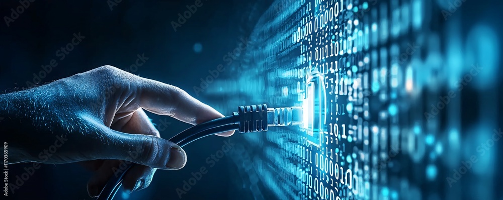 Poster A hacker's hand reaching for a network cable, with a background of binary code and a breached security icon. The image offers plenty of copy space for additional content.