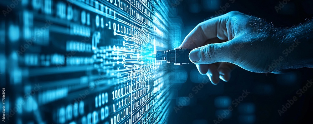 Poster A hacker's hand reaching for a network cable, with a background of binary code and a breached security icon. The image offers plenty of copy space for additional content.