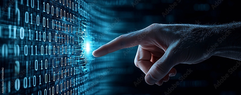 Poster a hacker's hand reaching for a network cable, with a background of binary code and a breached securi