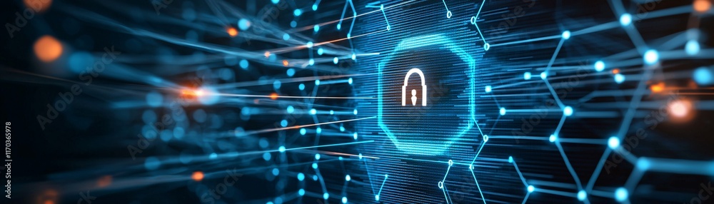 Poster A close-up of a glowing network icon being targeted by a hacker's cursor, representing network infiltration. The design includes significant copy space for text or imagery.