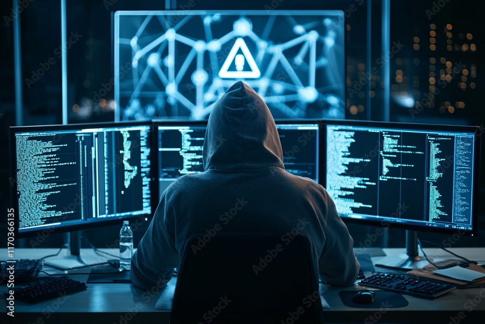 Poster A hooded figure working on multiple monitors displaying network hacking tools, set against a dark backdrop with ample copy space.