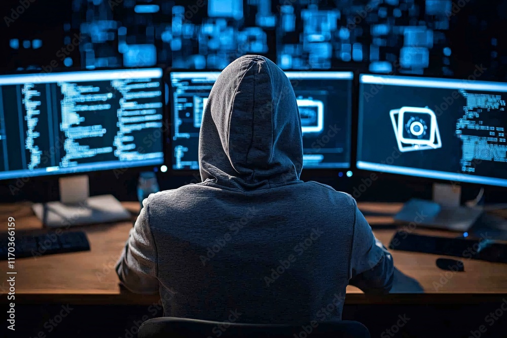 Poster a hooded figure working on multiple monitors displaying network hacking tools, set against a dark ba