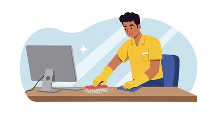 Sparkling Clean Workspace: Professional Cleaning with Yellow Gloves and Brush. Ideal for Office Maintenance and Hygiene Themes.