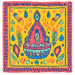 Folk art pattern with bird, leaves, teardrop and vase.