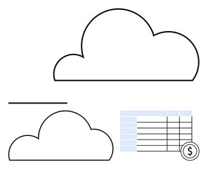 Fototapeta premium Cloud shapes with a spreadsheet and currency symbol. Ideal for cloud computing, financial management, data storage, online savings, digital economy, technology solutions, finance. Line metaphor