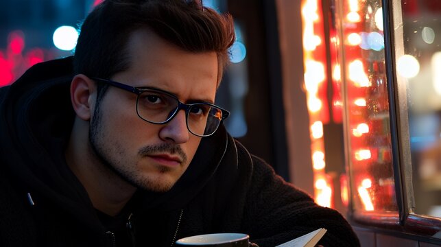 Night Portrait: Young Man in Glasses, Urban Setting