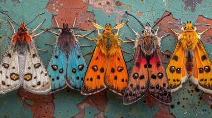 Fototapeta premium Five vibrant moths in a row on a textured background.