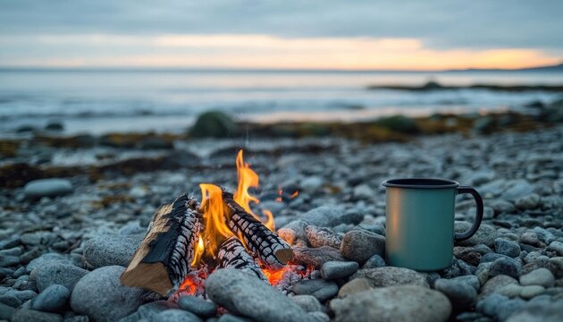 Coastal campfire sunset, ocean beach rocks, mug