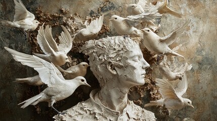 Serene Sculpture: Man and Birds in Peaceful Harmony