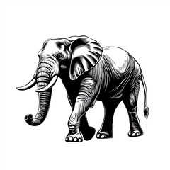 Elephant walking, black and white ink drawing.