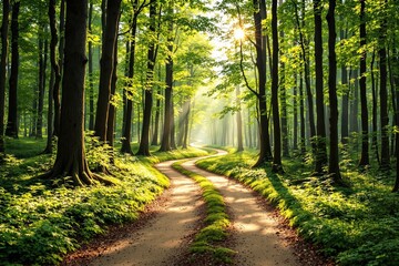 Obraz premium Winding path in a vibrant green forest under bright sunlight, featuring tall trees and dense foliage, creating a peaceful natural setting. Ai generative