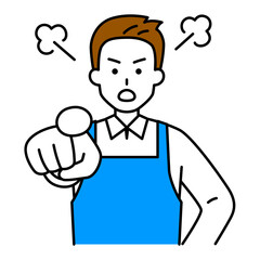 指差して怒るエプロン姿の男性