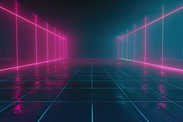 futuristic abstract background featuring glowing digital gridlines in cyan and magenta, floating over a dark gradient resembling a technological void. 