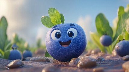 A cheerful blueberry character with expressive eyes and a leaf on its head, surrounded by plump blueberries in a vibrant, sunny field.